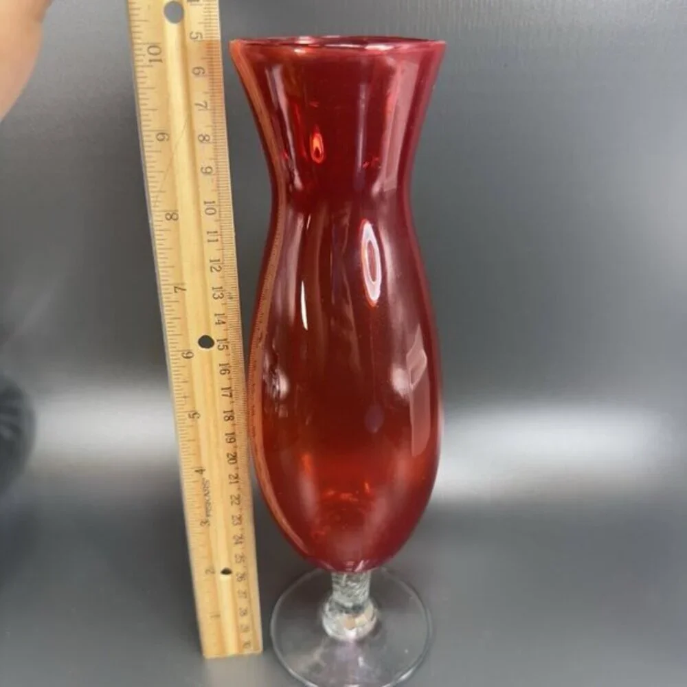 Vintage 1980s Japanese Art Glass Vase Vessel Orange With Clear Swirl Stem Bottom